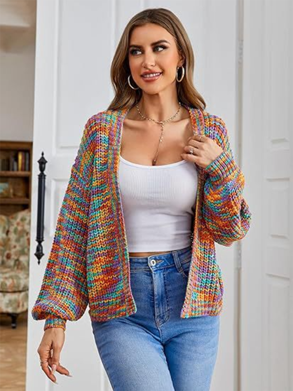 Cardigans- Women’s Rainbow Knitting Open-Front Cardigan | Cozy Relaxed Fit Sweater- Pattern2- IndioGear.com