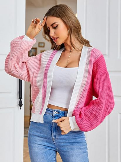 Cardigans- Women’s Rainbow Knitting Open-Front Cardigan | Cozy Relaxed Fit Sweater- Rose- IndioGear.com