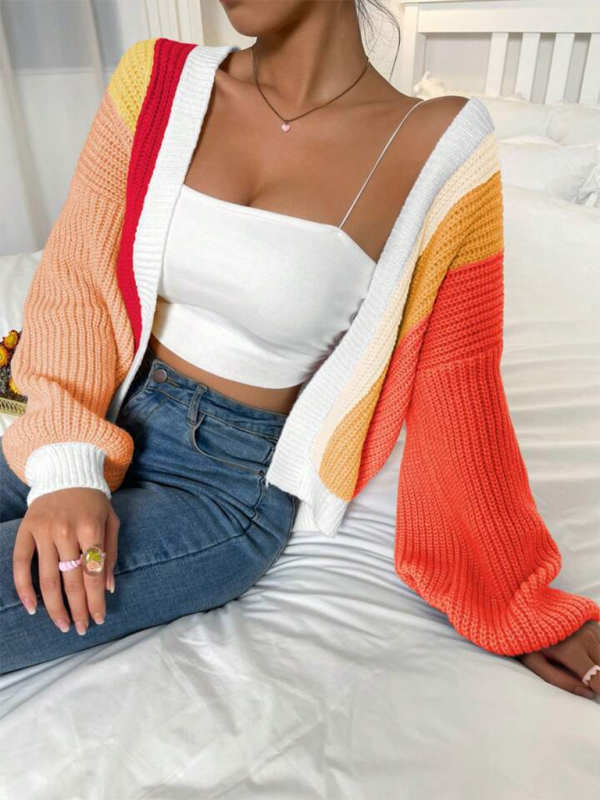 Cardigans- Women’s Rainbow Knitting Open-Front Cardigan | Cozy Relaxed Fit Sweater- Orange Red- IndioGear.com