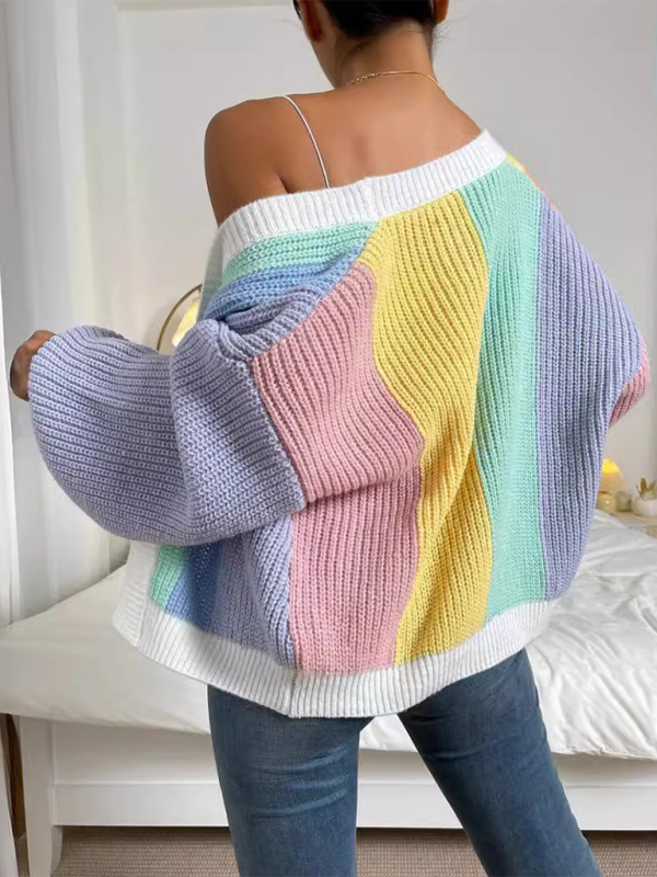 Cardigans- Women’s Rainbow Knitting Open-Front Cardigan | Cozy Relaxed Fit Sweater- - IndioGear.com