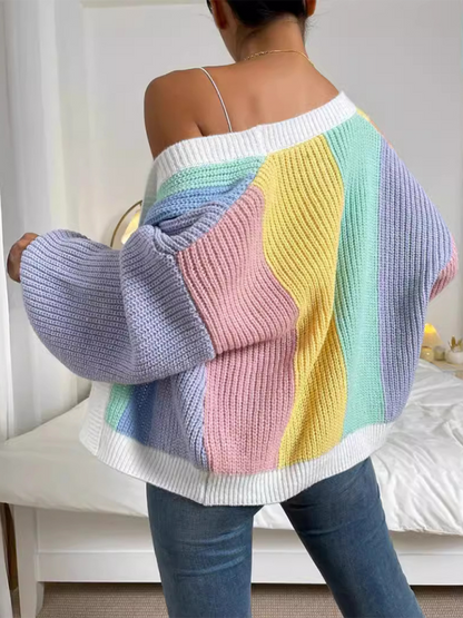 Cardigans- Women’s Rainbow Knitting Open-Front Cardigan | Cozy Relaxed Fit Sweater- - IndioGear.com