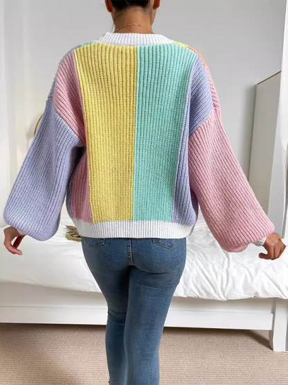 Cardigans- Women’s Rainbow Knitting Open-Front Cardigan | Cozy Relaxed Fit Sweater- - IndioGear.com