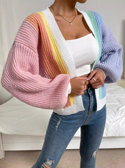 Cardigans- Women’s Rainbow Knitting Open-Front Cardigan | Cozy Relaxed Fit Sweater- Medium purple- IndioGear.com