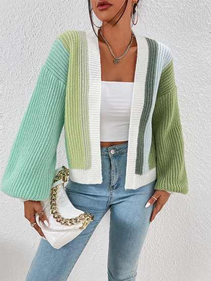 Cardigans- Women’s Rainbow Knitting Open-Front Cardigan | Cozy Relaxed Fit Sweater- Green- IndioGear.com