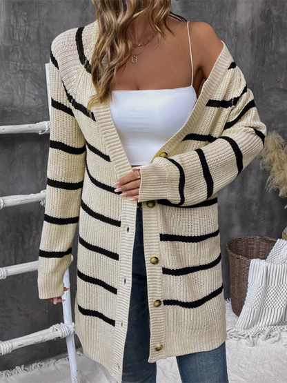 Cardigans- Women’s Striped Fall Duster Cardigan | Button-Up Knitwear- - IndioGear.com