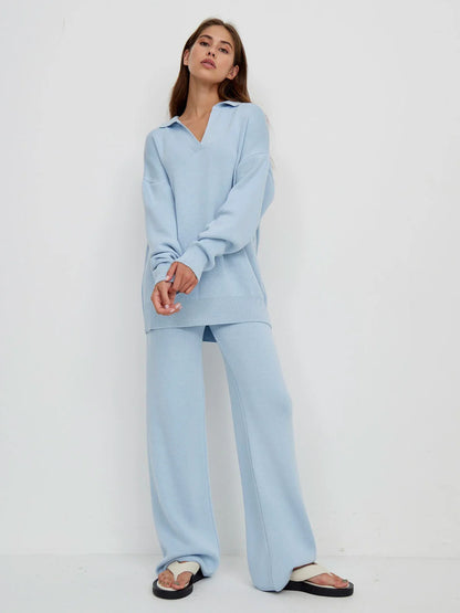 Cashmere Loungewear - Cashmere Loungewear Winter Knit Set Loose Pants and Top