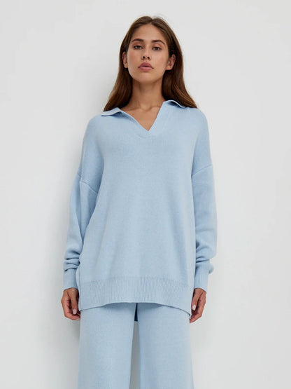 Cashmere Loungewear - Cashmere Loungewear Winter Knit Set Loose Pants and Top