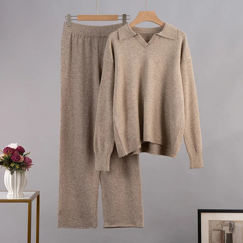 Cashmere Loungewear - Cashmere Loungewear Winter Knit Set Loose Pants and Top