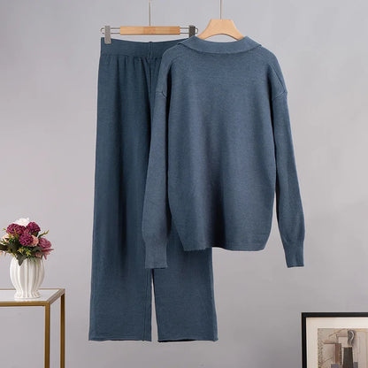 Cashmere Loungewear - Cashmere Loungewear Winter Knit Set Loose Pants and Top