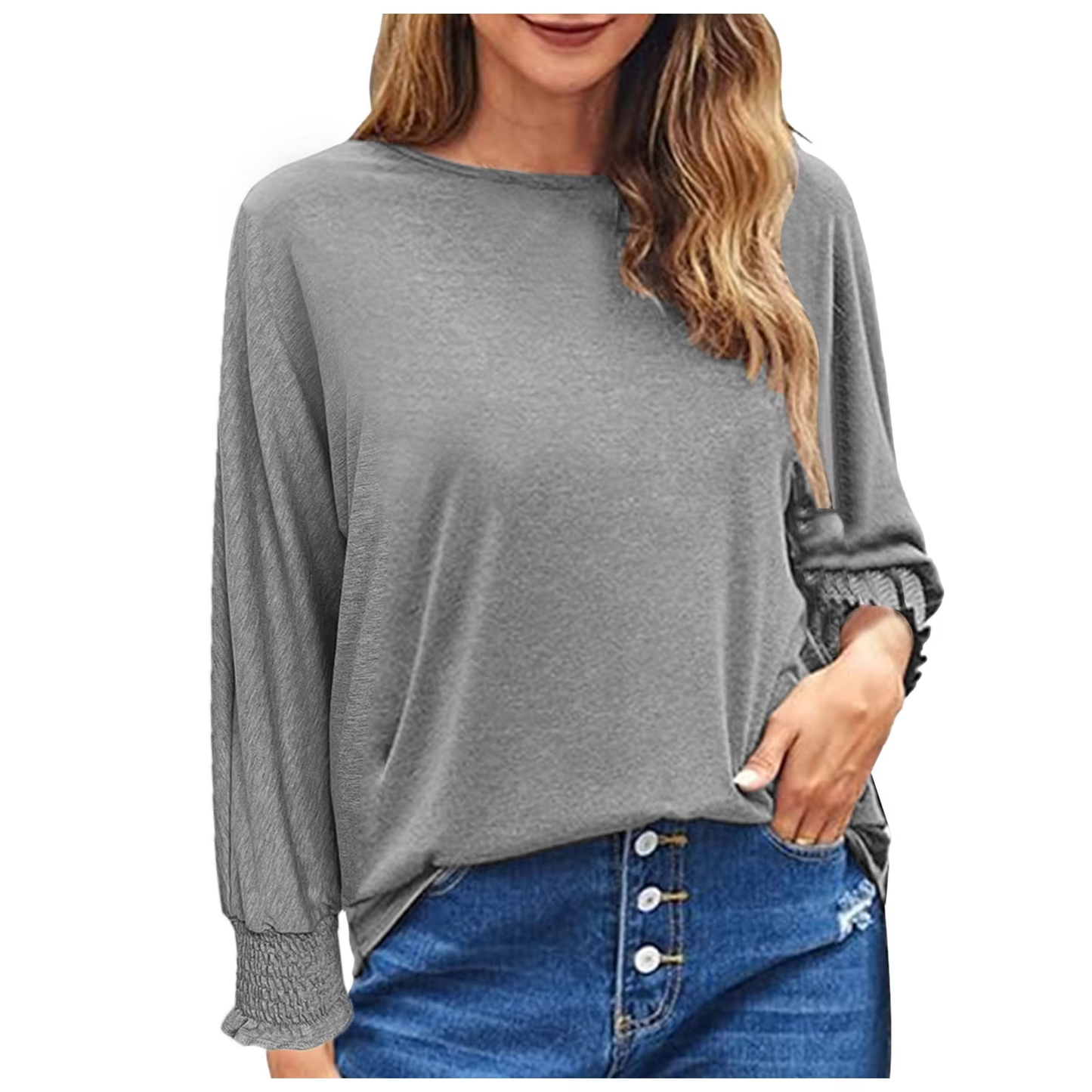 Casual Blouse- Baggy ¾ Sleeve Smocked Cuffs Casual Blouse-Jersey- Grey- IndioGear.com