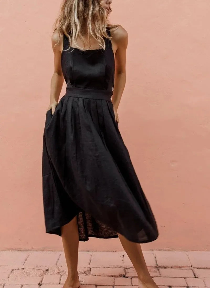 Casual Dresses- A-Line Solid Sleeveless Midi Dress with Bowknot Back- - IndioGear Fashion and Gear