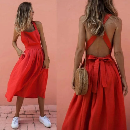 Casual Dresses- A-Line Solid Sleeveless Midi Dress with Bowknot Back- - IndioGear Fashion and Gear