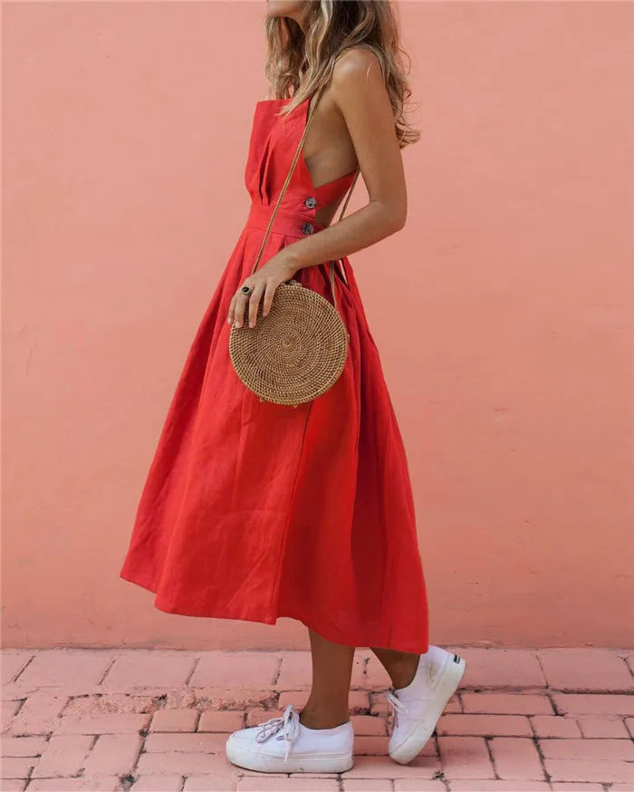 Casual Dresses- A-Line Solid Sleeveless Midi Dress with Bowknot Back- - IndioGear Fashion and Gear