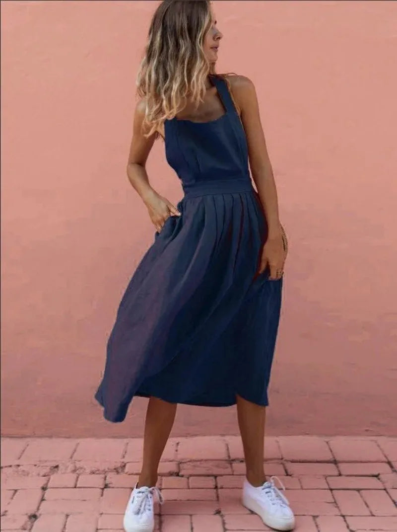 Casual Dresses- A-Line Solid Sleeveless Midi Dress with Bowknot Back- - IndioGear Fashion and Gear