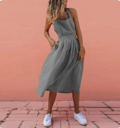 Casual Dresses- A-Line Solid Sleeveless Midi Dress with Bowknot Back- Light gray- IndioGear Fashion and Gear