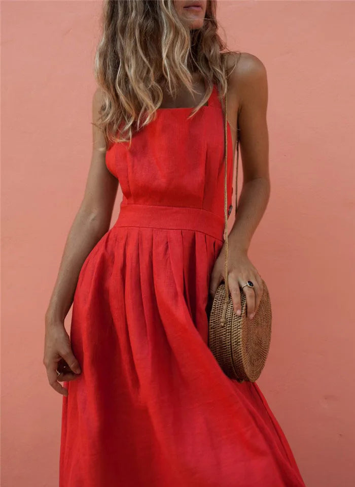 Casual Dresses- A-Line Solid Sleeveless Midi Dress with Bowknot Back- - IndioGear Fashion and Gear