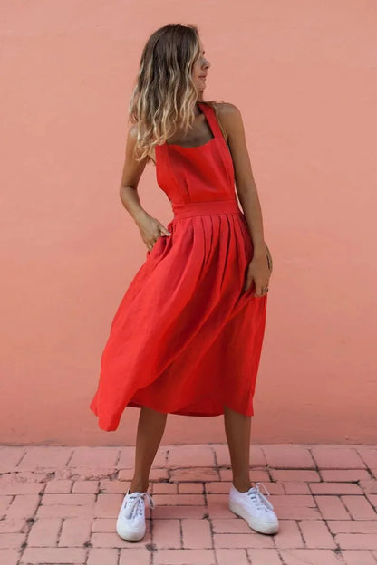 Casual Dresses- A-Line Solid Sleeveless Midi Dress with Bowknot Back- Red- IndioGear Fashion and Gear