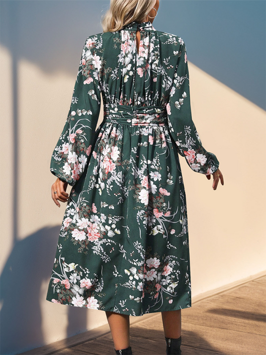 Casual Dresses- Autumn Floral A-Line Midi Dress with High Waistband- Green black jasper- IndioGear.com