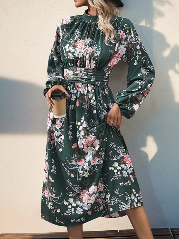 Casual Dresses- Autumn Floral A-Line Midi Dress with High Waistband- - IndioGear.com