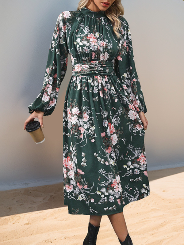 Casual Dresses- Autumn Floral A-Line Midi Dress with High Waistband- - IndioGear.com