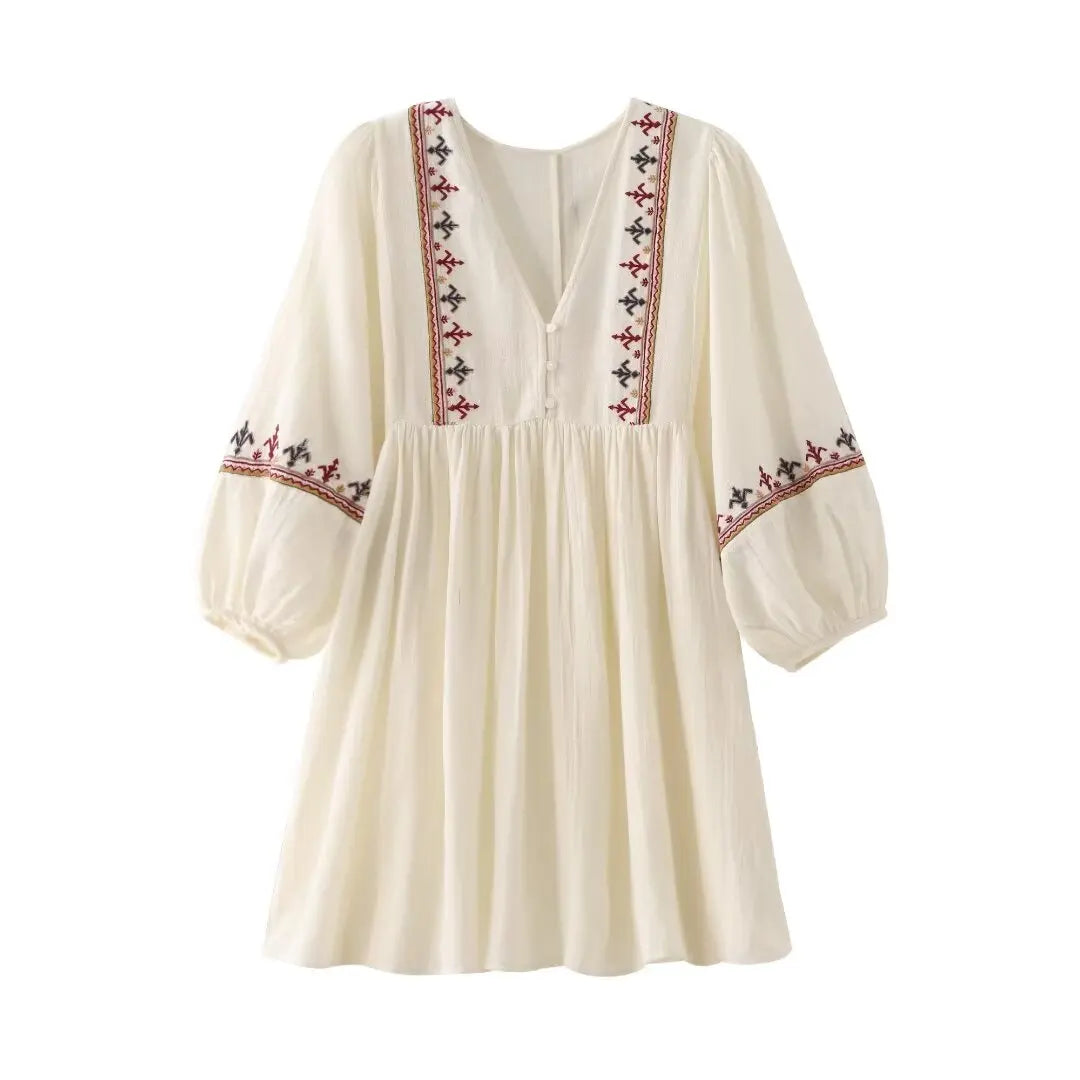 Casual Dresses- Boho-Chic Embroidered Mini Dress with Long Sleeves- - IndioGear.com