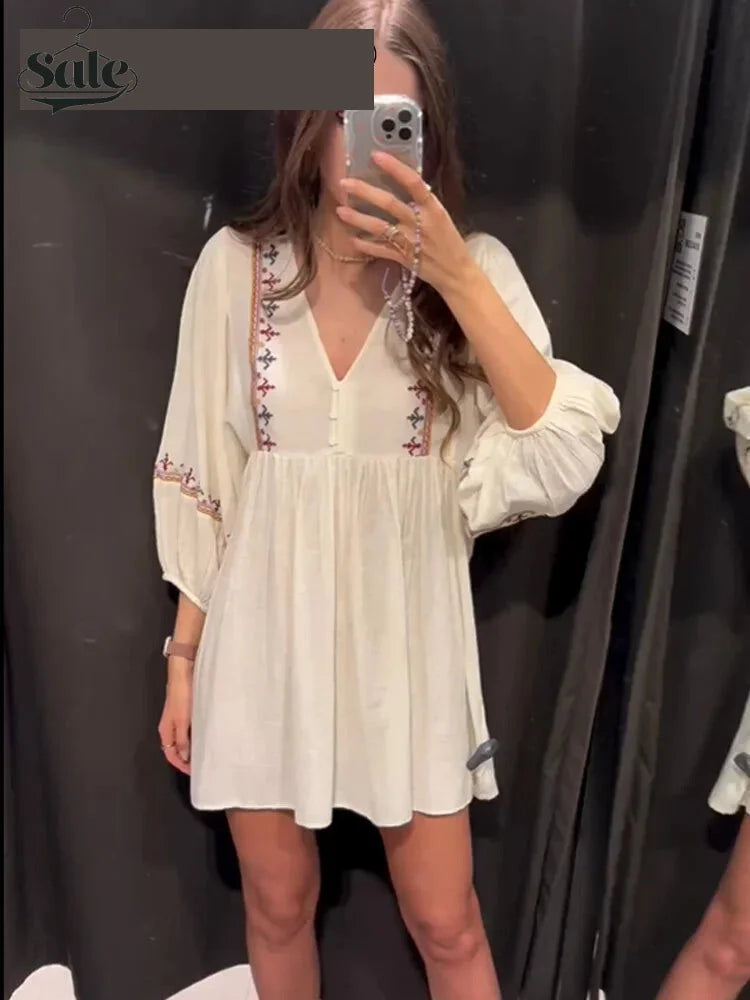 Casual Dresses- Boho-Chic Embroidered Mini Dress with Long Sleeves- - IndioGear.com