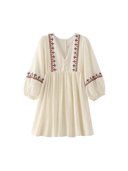 Casual Dresses- Boho-Chic Embroidered Mini Dress with Long Sleeves- Beige- IndioGear.com