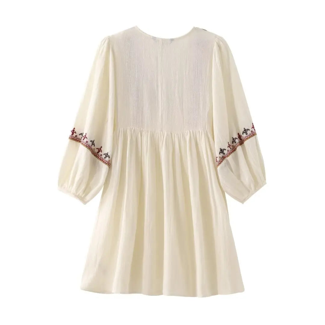 Casual Dresses- Boho-Chic Embroidered Mini Dress with Long Sleeves- - IndioGear.com