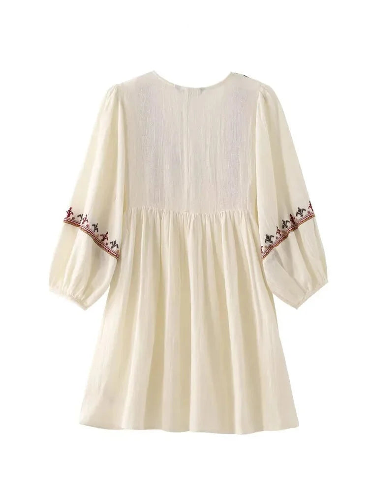 Casual Dresses- Boho-Chic Embroidered Mini Dress with Long Sleeves- - IndioGear.com