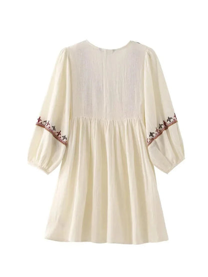 Casual Dresses- Boho-Chic Embroidered Mini Dress with Long Sleeves- - IndioGear.com