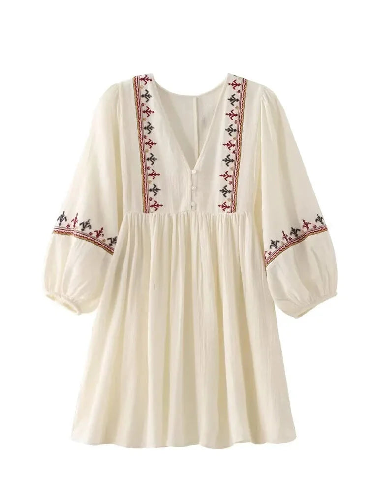 Casual Dresses- Boho-Chic Embroidered Mini Dress with Long Sleeves- - IndioGear.com