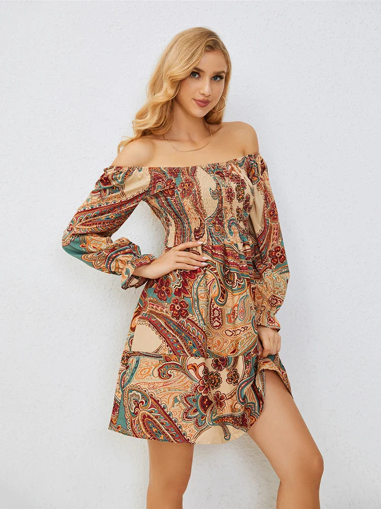 Casual Dresses- Boho Floral Off-Shoulder Dress for Spring and Fall- - IndioGear.com