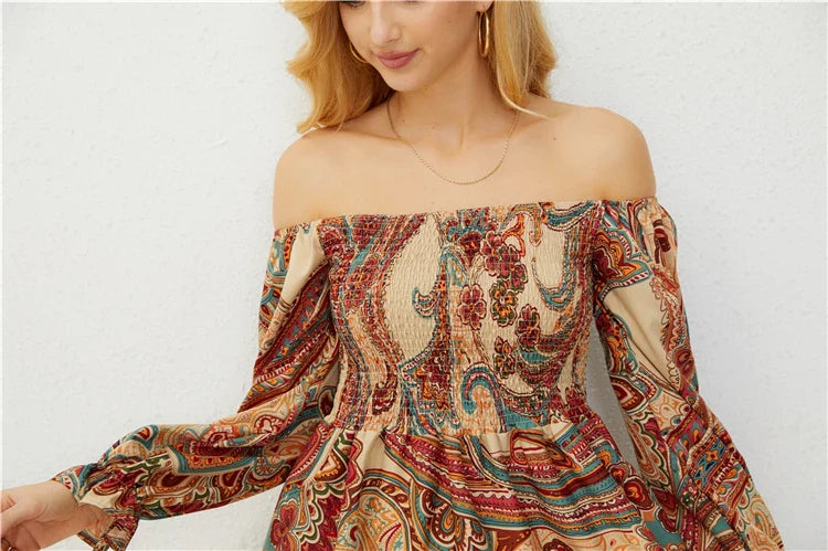 Casual Dresses- Boho Floral Off-Shoulder Dress for Spring and Fall- - IndioGear.com