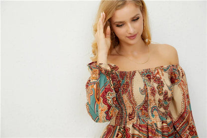 Casual Dresses- Boho Floral Off-Shoulder Dress for Spring and Fall- - IndioGear.com