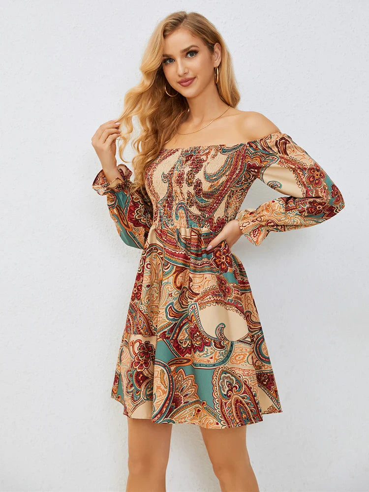 Casual Dresses- Boho Floral Off-Shoulder Dress for Spring and Fall- - IndioGear.com