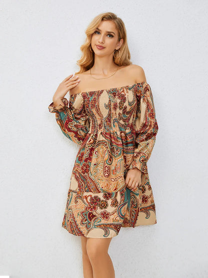 Casual Dresses- Boho Floral Off-Shoulder Dress for Spring and Fall- - IndioGear.com