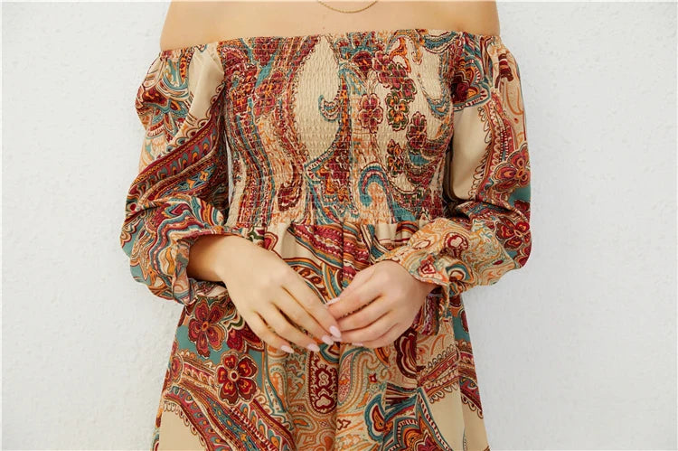 Casual Dresses- Boho Floral Off-Shoulder Dress for Spring and Fall- - IndioGear.com