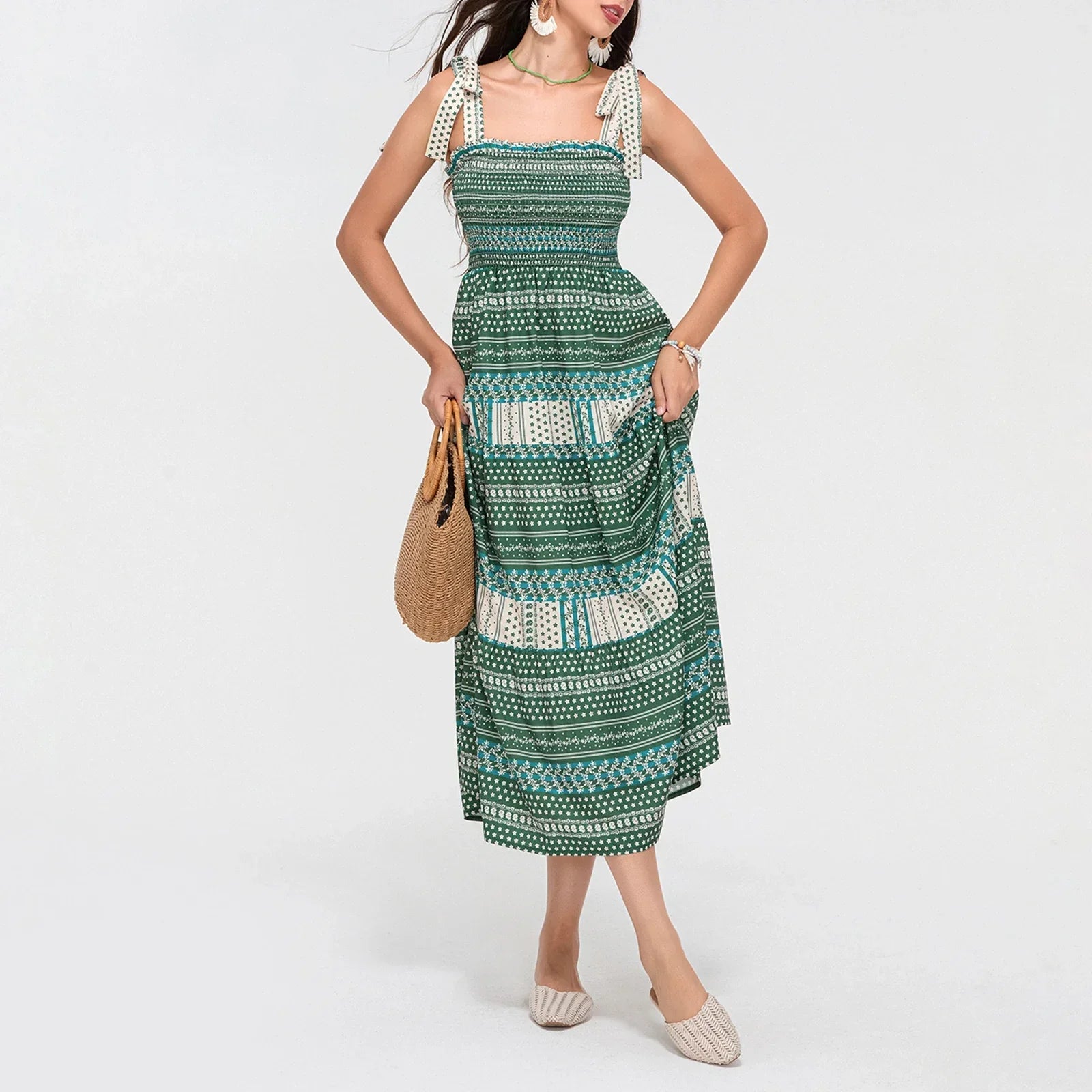 Casual Dresses- Boho Tribal Tie Shoulders Maxi Dress- - IndioGear Women Clothing