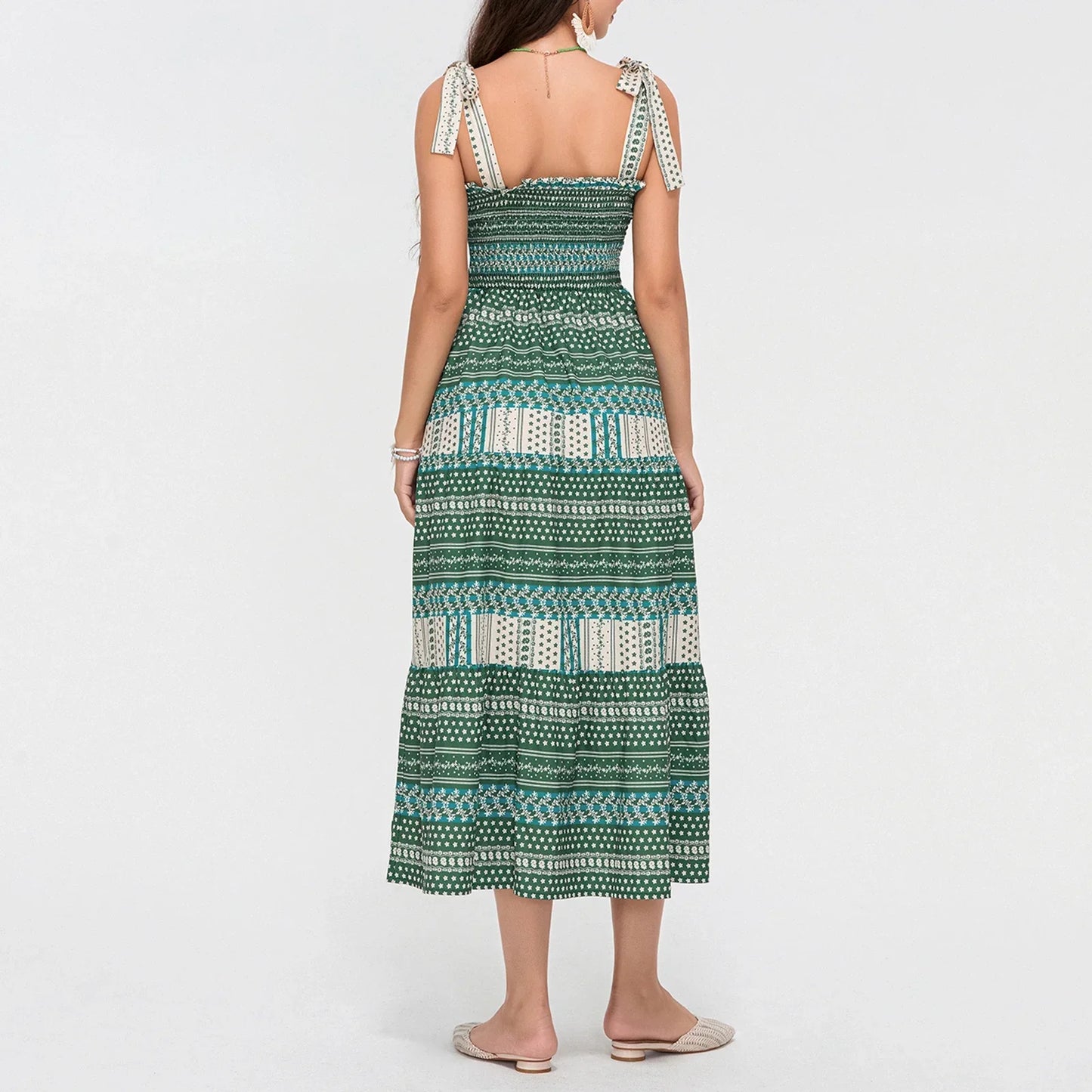 Casual Dresses- Boho Tribal Tie Shoulders Maxi Dress- - IndioGear Women Clothing