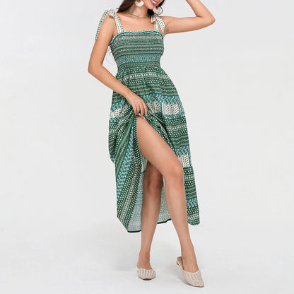 Casual Dresses- Boho Tribal Tie Shoulders Maxi Dress- - IndioGear Women Clothing