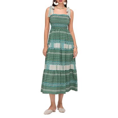 Casual Dresses- Boho Tribal Tie Shoulders Maxi Dress- Green- IndioGear Women Clothing