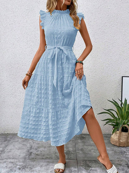 Casual Dresses- Navy Tiered Ruffle Midi Dress – Classic Femininity- - IndioGear