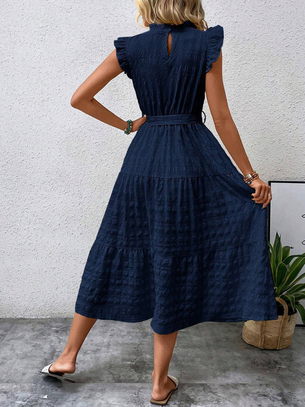 Casual Dresses- Navy Tiered Ruffle Midi Dress – Classic Femininity- - IndioGear