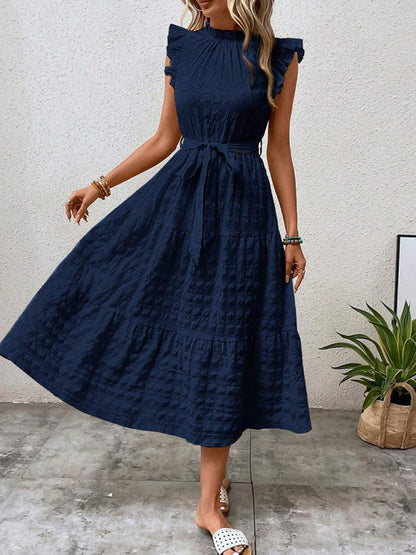 Casual Dresses- Navy Tiered Ruffle Midi Dress – Classic Femininity- - IndioGear