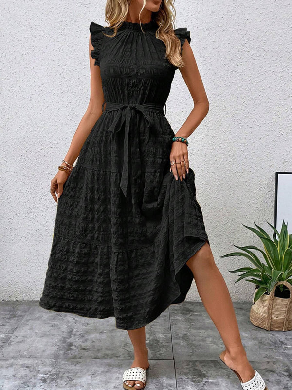 Casual Dresses- Navy Tiered Ruffle Midi Dress – Classic Femininity- - IndioGear