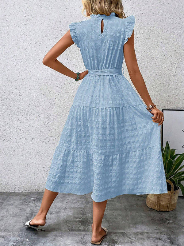 Casual Dresses- Navy Tiered Ruffle Midi Dress – Classic Femininity- - IndioGear