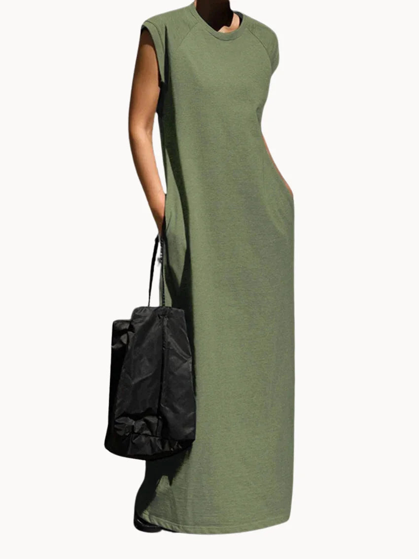 Casual Dresses- Casual Cotton Tunic Maxi Dress for Everyday Comfort- Green- IndioGear.com