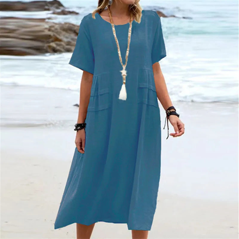 Casual Dresses- Casual Outfit Women's A-Line Midi Dress in Cotton Blend- Blue- IndioGear.com