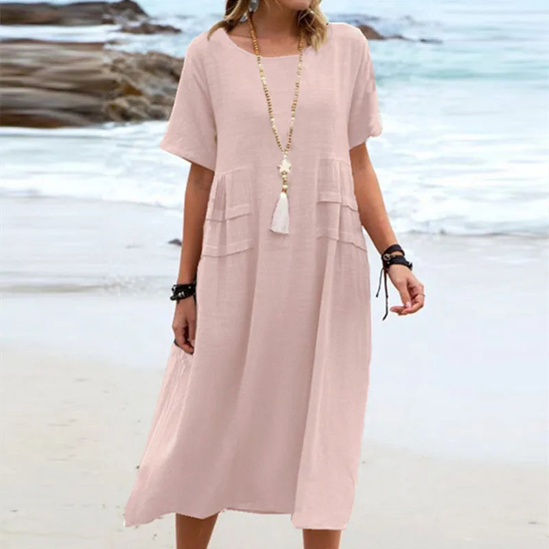 Casual Dresses- Casual Outfit Women's A-Line Midi Dress in Cotton Blend- Pink- IndioGear.com