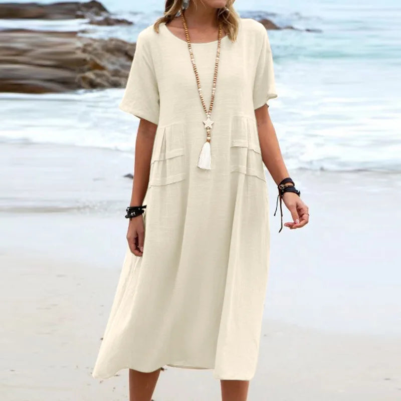 Casual Dresses- Casual Outfit Women's A-Line Midi Dress in Cotton Blend- - IndioGear.com